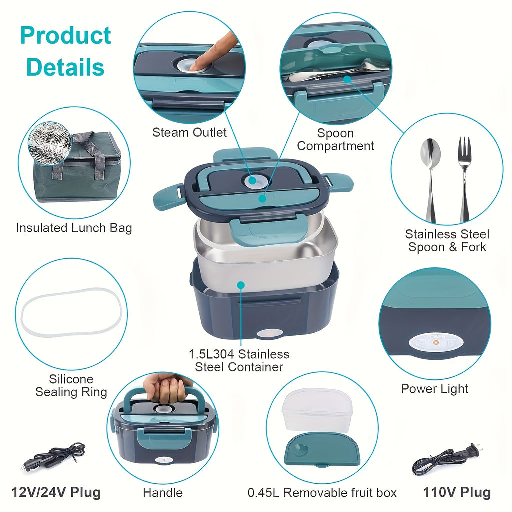 3-in-1 Electric Lunch Box – Portable Food Warmer with Stainless Steel & Carry Bag