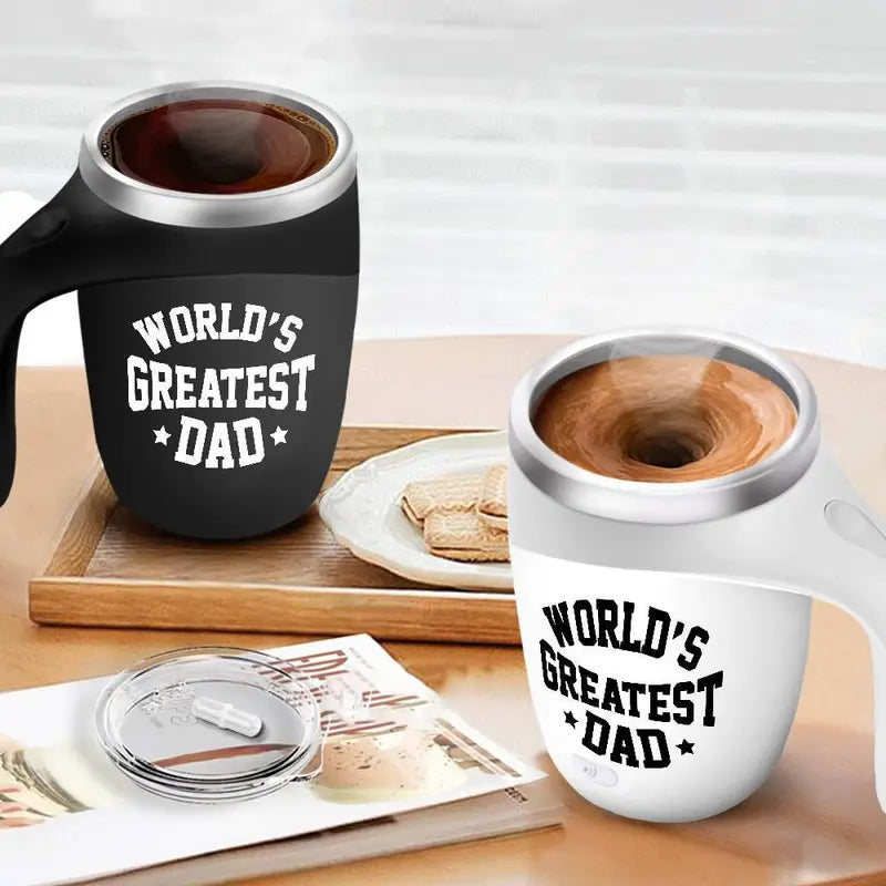 Self-Stirring Coffee Mug – “World’s Greatest Dad” Edition (Stainless Steel, 380ml)