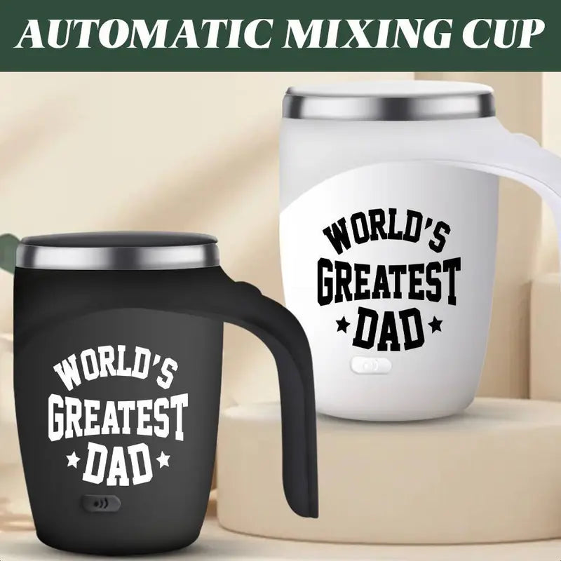 Self-Stirring Coffee Mug – “World’s Greatest Dad” Edition (Stainless Steel, 380ml)