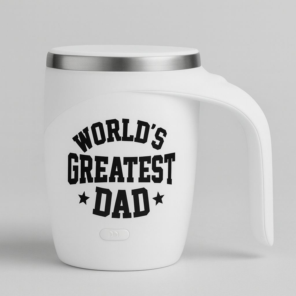Self-Stirring Coffee Mug – “World’s Greatest Dad” Edition (Stainless Steel, 380ml)