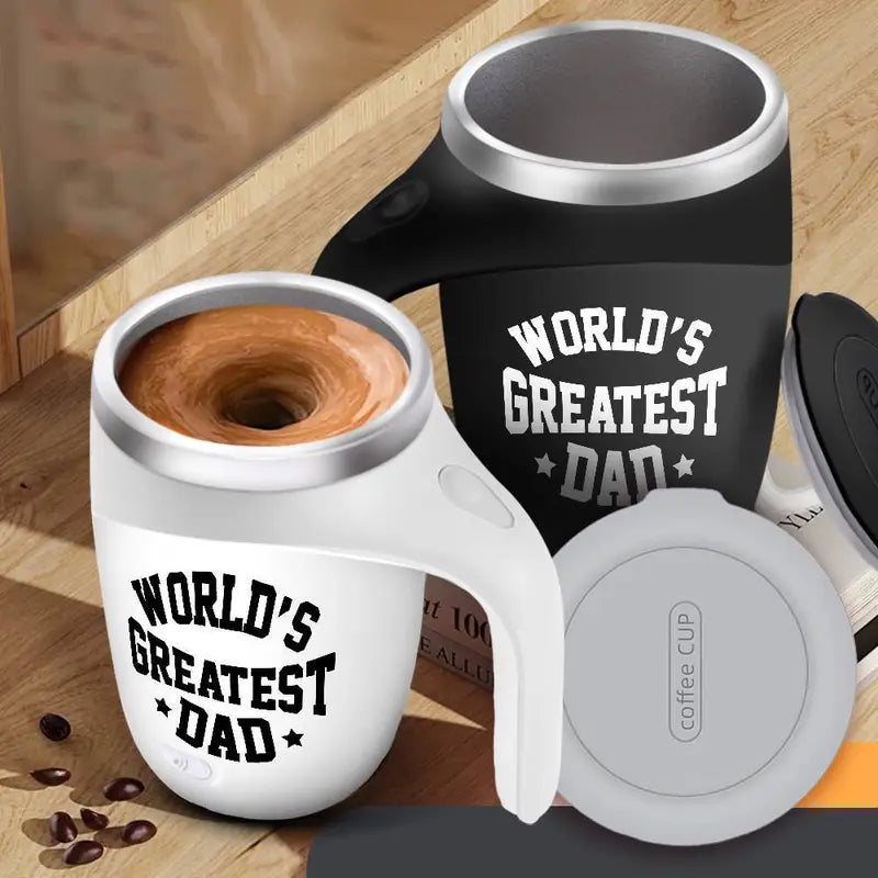 Self-Stirring Coffee Mug – “World’s Greatest Dad” Edition (Stainless Steel, 380ml)