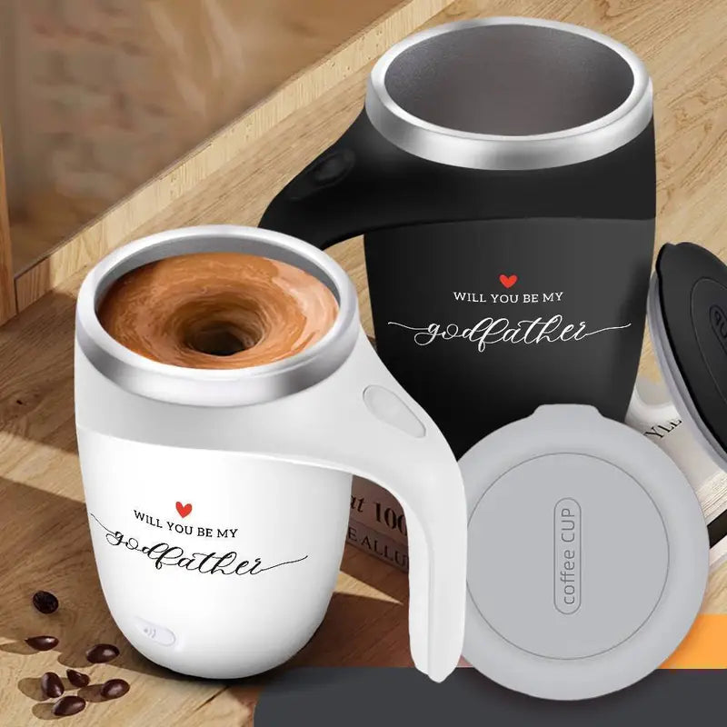 Self-Stirring Coffee Mug – “Will You Be My Godfather” Edition (Stainless Steel, 380ml)