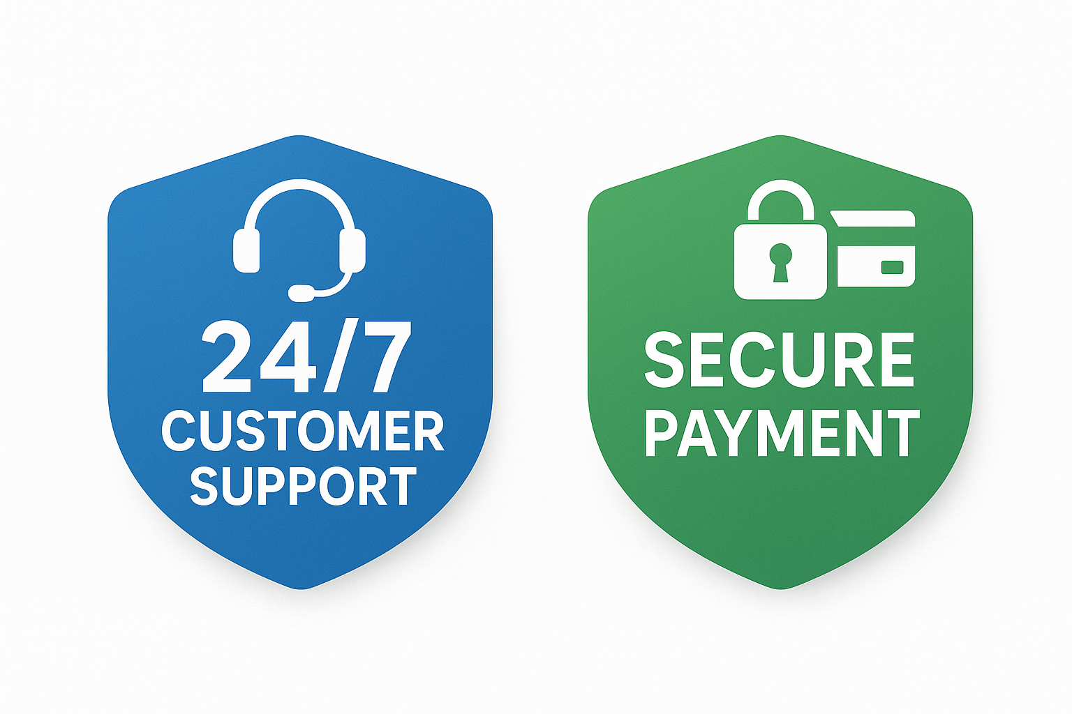Create 2 realistic trust badges side by side (horizontal layout). Keep the same style as SSL Secure, Money Back Guarantee, and Free Shipping. Make them slightly smaller so all three badges fit perfectly on a mobile screen without being cut or cropped. Clean, modern, and professional look.